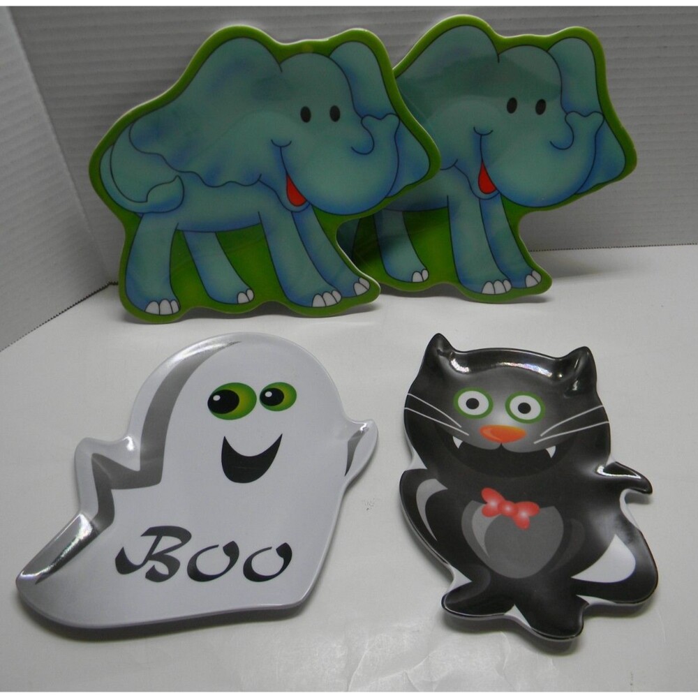 Kids Halloween Plates Appetizer Plates Black Cat Ghost Elephant Lot of 4